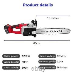 16'' 1280W Brushless Chainsaw Electric One-Hand Saw Wood Cutter + 2 Batteries UF