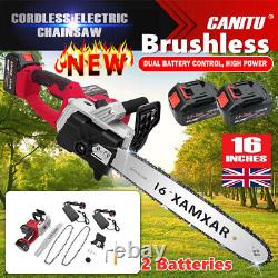 16'' 1280W Brushless Chainsaw Electric One-Hand Saw Wood Cutter + 2 Batteries UK