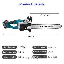 16 1280W Electric Cordless Chainsaw Power Saw Wood Cutter 2 Battery + 2 Charger