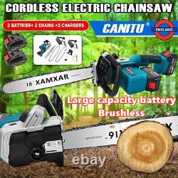 16'' Electric Cordless Chainsaw One-Hand Saw Wood Cutter Tool +2 Batteries UK