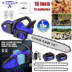 2 Batteries 16'' 5000W Mini Cordless Chainsaw Electric One-Hand Saw Wood Cutter