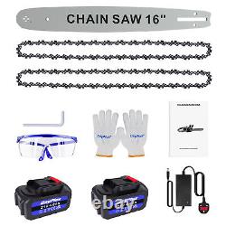 2 Batteries 16'' 6000W Cordless Chainsaw Electric One-Hand Chain Saw Wood Cutter