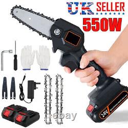 4 550W Mini Cordless Chainsaw Electric One-Hand Saw Wood Cutter + 2 Batteries