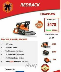 Redback 40v Lithium Battery 14 Chainsaw & 4amp Battery/ 2ah Charger Kit